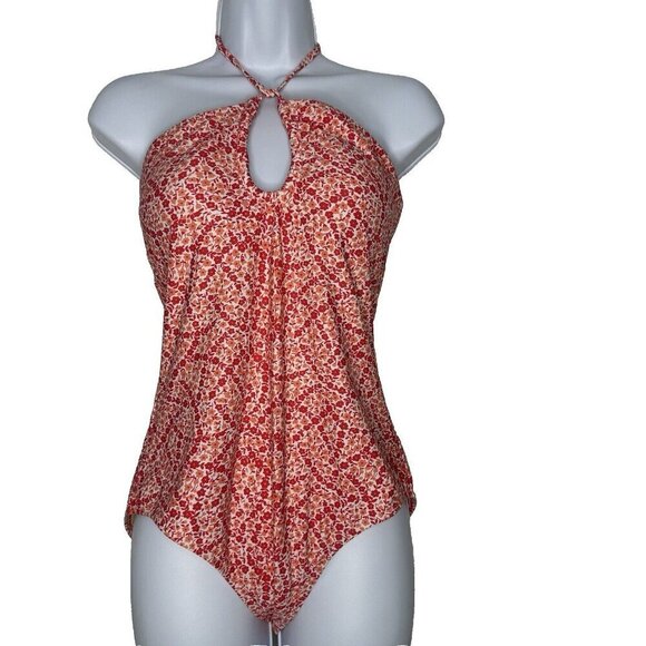 J Crew Printed One Piece Keyhole Swimsuit Size M Floral Coral Pink BP354 - Picture 1 of 7